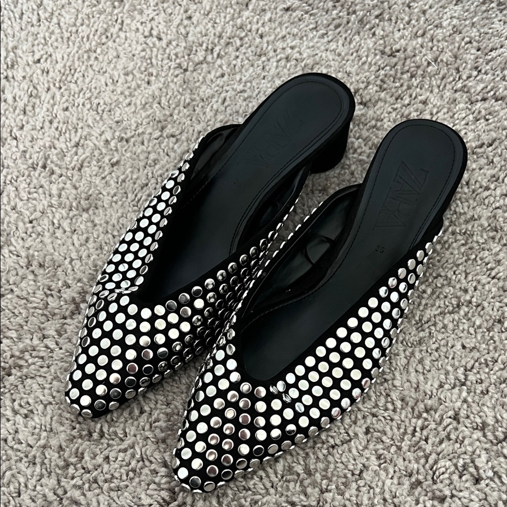 Zara Black Silver Studded Kitten Heels